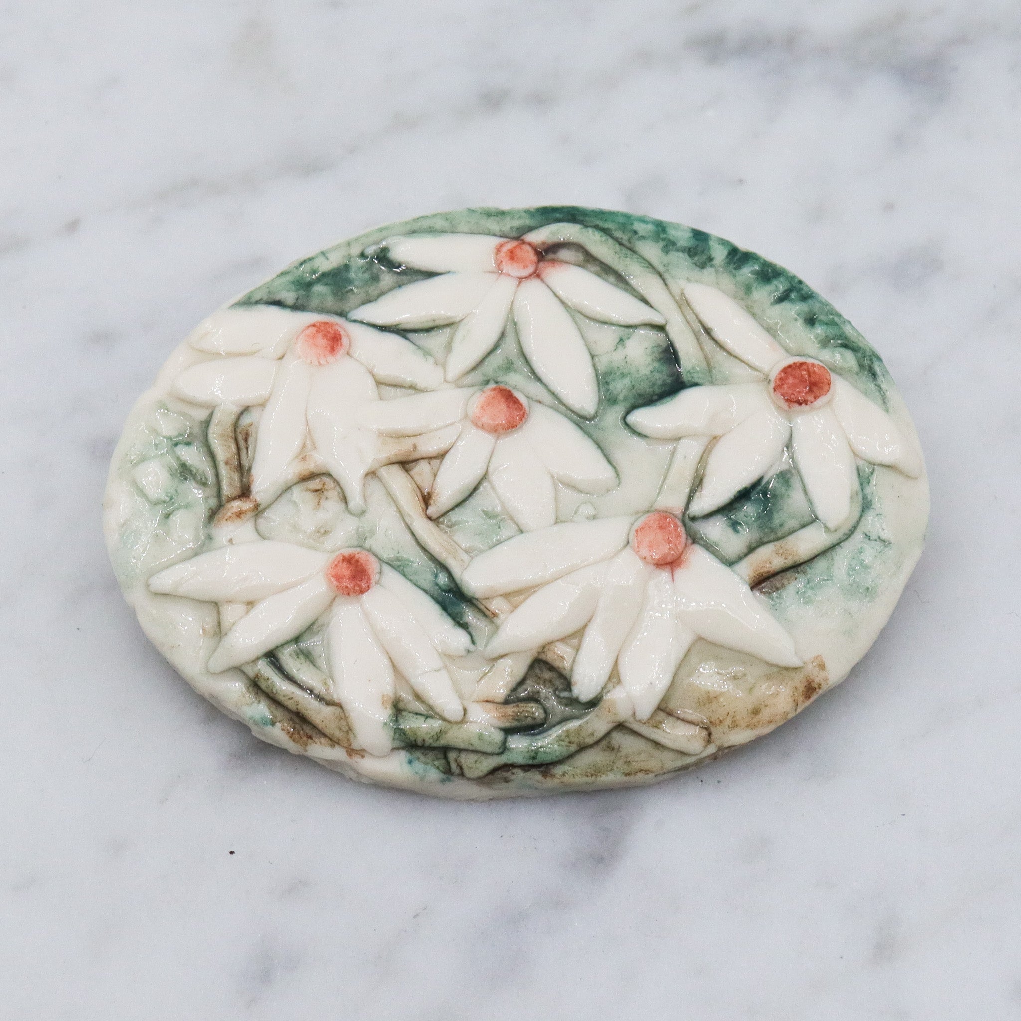 Vintage handmade porcelain white flower plaque brooch